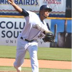 The San Antonio Missions' Miguel Sanchez pitching against the Round Rock Express on Sunday at Wolff Stadium. - photo by Joe Alexander