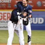 The San Antonio Missions' Jake Hager (right) and Jacob Nottingham celebrate after Hager's walk-off hit against the New Orleans Baby Cakes on Tuesday at Wolff Stadium - photo by Joe Alexander