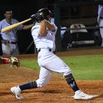 The Missions' Blake Allemand hits the ball into left field to drive in the winning run in the 10th inning Friday at Wolff Stadium. - photo by Joe Alexander
