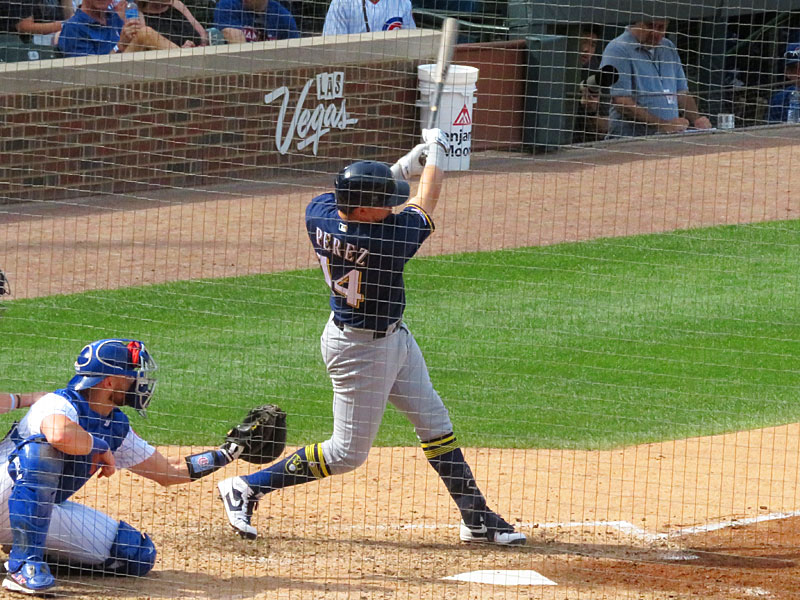 Former San Antonio Missions infielder Hernan Perez playing for the Milwaukee Brewers against the Chicago Cubs on Aug. 30, 2019, at Wrigley Field. - photo by Joe Alexander