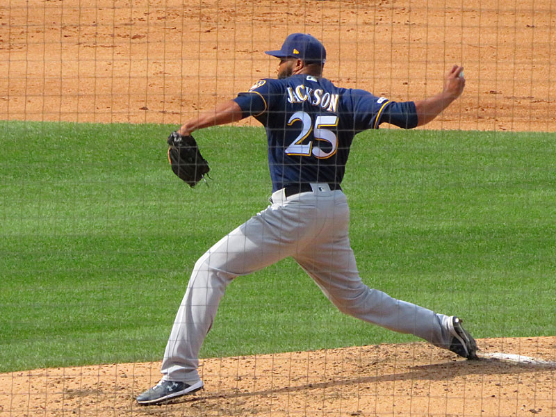 Former San Antonio Missions pitcher Jay Jackson playing for the Milwaukee Brewers against the Chicago Cubs on Aug. 30, 2019, at Wrigley Field. - photo by Joe Alexander