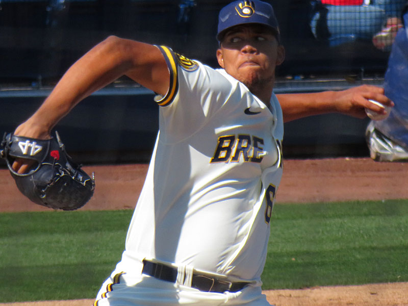 The Brewers' Angel Perdomo, who pitched for the San Antonio Missions in 2019, on the mound for a spring training game on Feb. 24 at American Family Fields of Phoenix. - photo by Joe Alexander