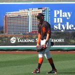 Mauricio Dubon playing for the San Francisco Giants during a spring training game Feb. 26 at Scottsdale Stadium in Arizona. - photo by Joe Alexander