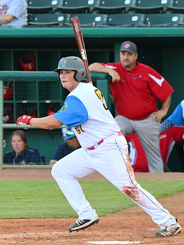 Flying Chanclas first baseman Ryan Flores from University of the Incarnate Word hitting his first double of the game against the Cane Cutters on Saturday, July 4, 2020, at Wolff Stadium. - photo by Joe Alexander