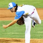 Tyler Flores pitching for the Flying Chanclas at Wolff Stadium during the 2020 season. - photo by Joe Alexander