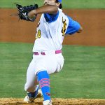 Arturo Guajardo pitching for the Flying Chanclas at Wolff Stadium during the 2020 season. - photo by Joe Alexander