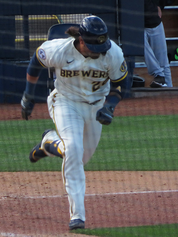 Former San Antonio Missions catcher Jacob Nottingham playing for the Milwaukee Brewers in spring training in Phoenix on March 24, 2021. - photo by Joe Alexander