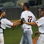 UTSA reliever Hunter Mason (39) gets a fist bump from catcher Nick Thornquist after holding Middle Tennessee scoreless in the eighth inning of Saturday's second game. - photo by Joe Alexander