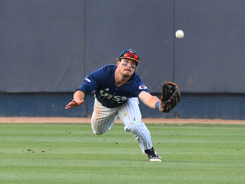 UTSA's Dylan Rock snares a low line drive in center field in Friday's second game against Southern Miss. - photo by Joe Alexander