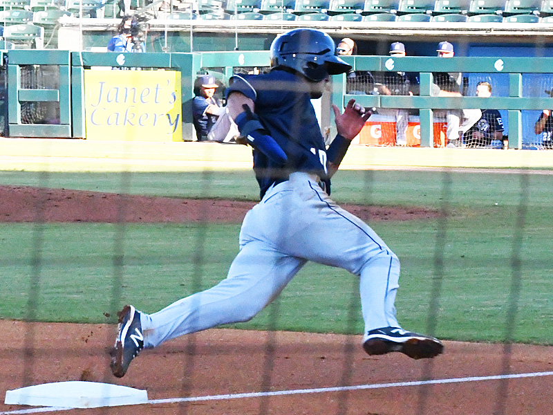 Robbie Podorsky rounds third base on the way to scoring the Missions' only run in the first inning Thursday against the Corpus Christi Hooks. - photo by Joe Alexander