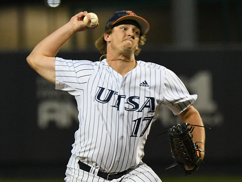 UTSA's Shane Anderson pitching against Rice on April 23, 2021, at Roadrunner Field. - photo by Joe Alexander