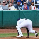 San Antonio Missions third baseman Allen Cordoba makes a play on a hard ground ball down the third base line in his season debut on Saturday, June 12, 2021, at Wolff Stadium. - photo by Joe Alexander