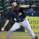San Antonio Missions closer Jose Quezada pitching on the road in Corpus Christi on May 6, 2021. - photo by Joe Alexander