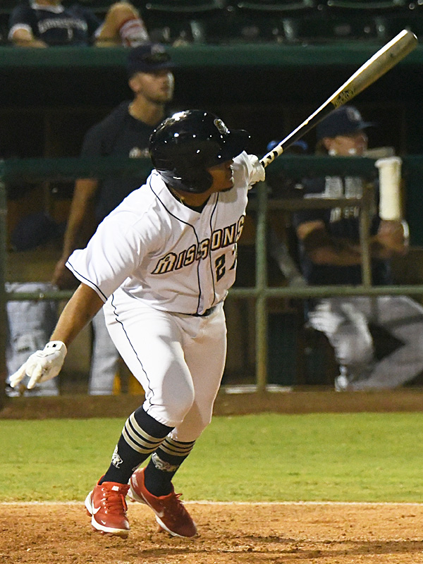 The San Antonio Missions' Yorman Rodriguez hits a home run Wednesday at Wolff Stadium in his first game after being promoted from Class A. - photo by Joe Alexander