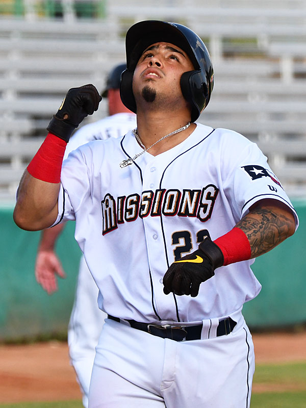The San Antonio Missions' Juan Fernandez celebrates after hitting his eighth home run of the season in Wednesday's first game at Wolff Stadium. - photo by Joe Alexander