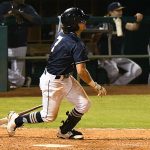 The Missions' Ethan Skender hits a walk-off single in the bottom of the seventh inning in Wednesday's second game at Wolff Stadium. - photo by Joe Alexander