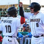 The San Antonio Missions Olivier Basabe is congratulated by Kyle Overstreet after Basabe hit a three-run homer in the third inning on Sunday at Wolff Stadium. - photo by Joe Alexander