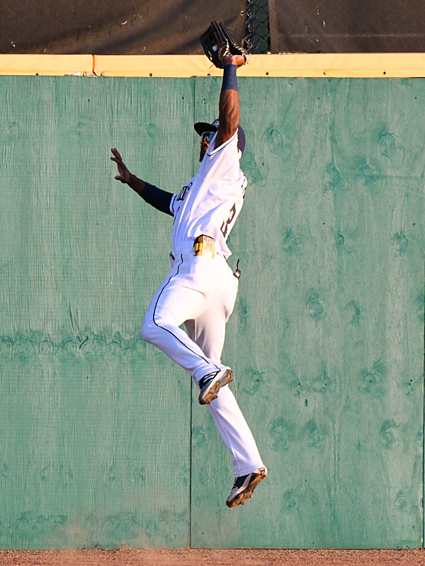 San Antonio Missions center fielder Esteury Ruiz catches a deep fly ball against the fence on Tuesday at Wolff Stadium. - photo by Joe Alexander