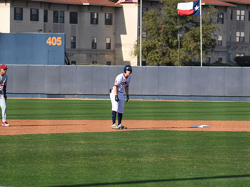 Shane Sirdashney standing on second base after leading off in the last inning in UTSA's 6-5, 10-inning victory over No. 2 Stanford on Monday, Feb. 28, 2022 at Roadrunner Field. - photo by Joe Alexander