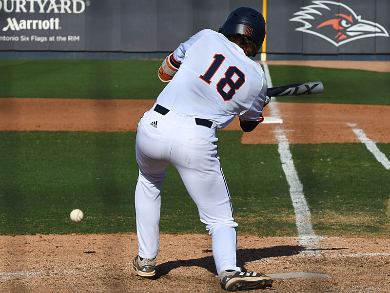 Kody Darcy puts down a bunt in the last inning in UTSA's 6-5, 10-inning victory over No. 2 Stanford on Monday, Feb. 28, 2022 at Roadrunner Field. - photo by Joe Alexander