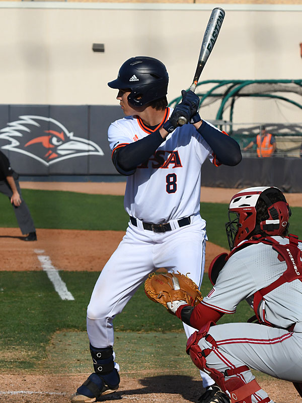 Leyton Barry comes to bat with runners on first and third and no outs in the last inning in UTSA's 6-5, 10-inning victory over No. 2 Stanford on Monday, Feb. 28, 2022 at Roadrunner Field. - photo by Joe Alexander