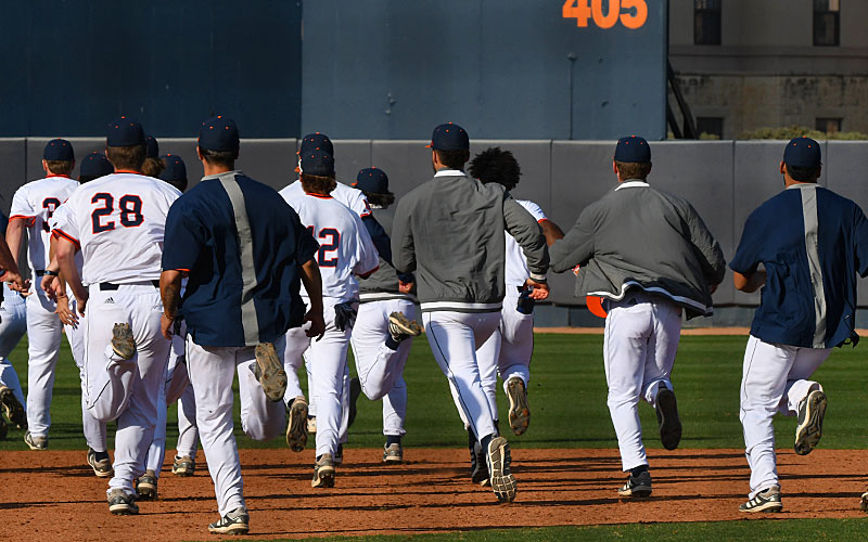 The Roadrunners celebrate after Shane Sirdashney scores the game-winning run on Leyton Barry's walkoff hit in UTSA's 6-5, 10-inning victory over No. 2 Stanford on Monday, Feb. 28, 2022 at Roadrunner Field. - photo by Joe Alexander