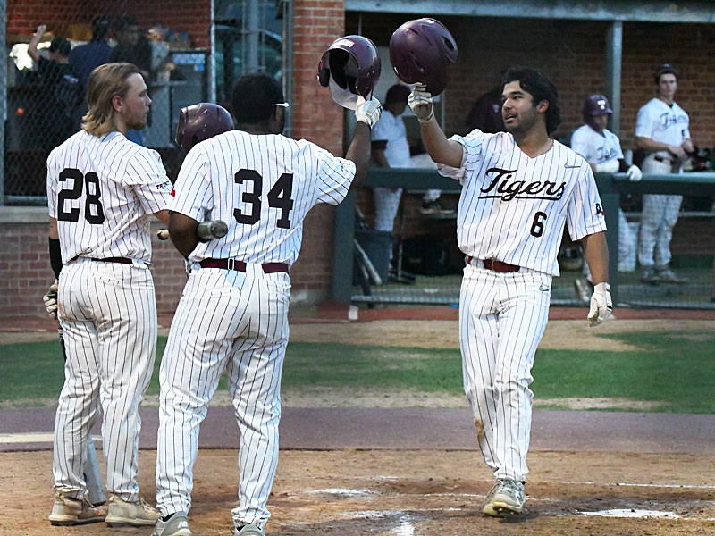 Cristian Holloway celebrates at the plate after his third-inning home run in Trinity's victory over TLU on Saturday, April 23, 2022, in San Antonio. - photo by Joe Alexander