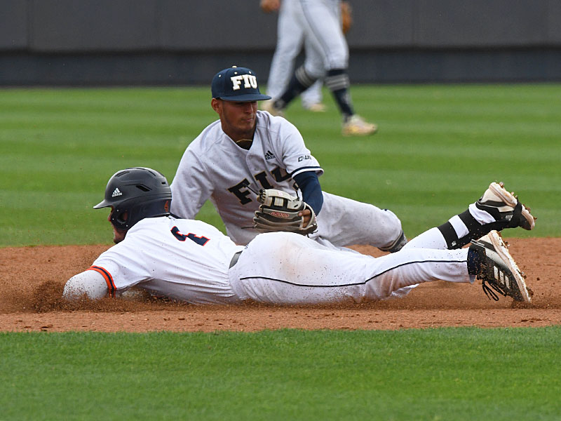 Chase Keng slides into second with a hustle double. UTSA beat Florida International 9-8 on Sunday, April 24, 2022, at Roadrunner Field in San Antonio. - photo by Joe Alexander