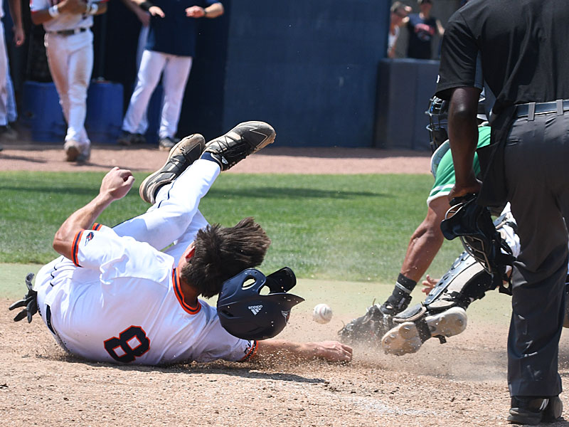 Leyton Barry scores on a sacrifice fly to tie the game in the bottom of the ninth. UTSA beat Marshall 5-4 on Sunday, May 8, 2022, at Roadrunner Field. - photo by Joe Alexander
