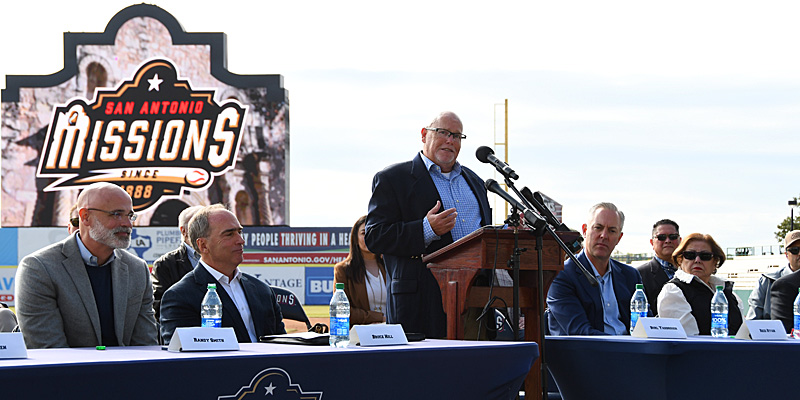 San Antonio Missions president Burl Yarbrough speaks to the media on Thursday, Nov. 17, 2022, at Wolff Stadium. At the table are Randy Smith (from left), Bruce Hill, Reid Ryan, Hope Andrade. - photo by Joe Alexander