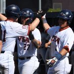 UTSA's Shane Sirdashney (left) celebrates after he scored from first on a sixth-inning double by Leyton Barry against Utah on Sunday, March 5, 2023, at Roadrunner Field. - photo by Joe Alexander