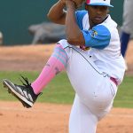 Edwuin Bencomo of the San Antonio Missions and San Diego Padres organization pitching against Monclova of the Mexican league in an exhibition game on Saturday, May 1, 2023, at Wolff Stadium. - photo by Joe Alexander