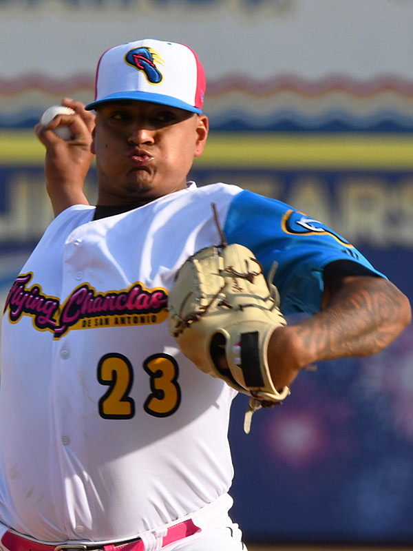 Efrain Contreras of the San Antonio Missions and San Diego Padres organization pitching against Monclova of the Mexican league in an exhibition game on Saturday, May 1, 2023, at Wolff Stadium. - photo by Joe Alexander