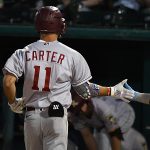 Texas Rangers top prospect Evan Carter hits his second of two home runs against the San Antonio Missions on Wednesday, April 12, 2023, at Wolff Stadium. - photo by Joe Alexander