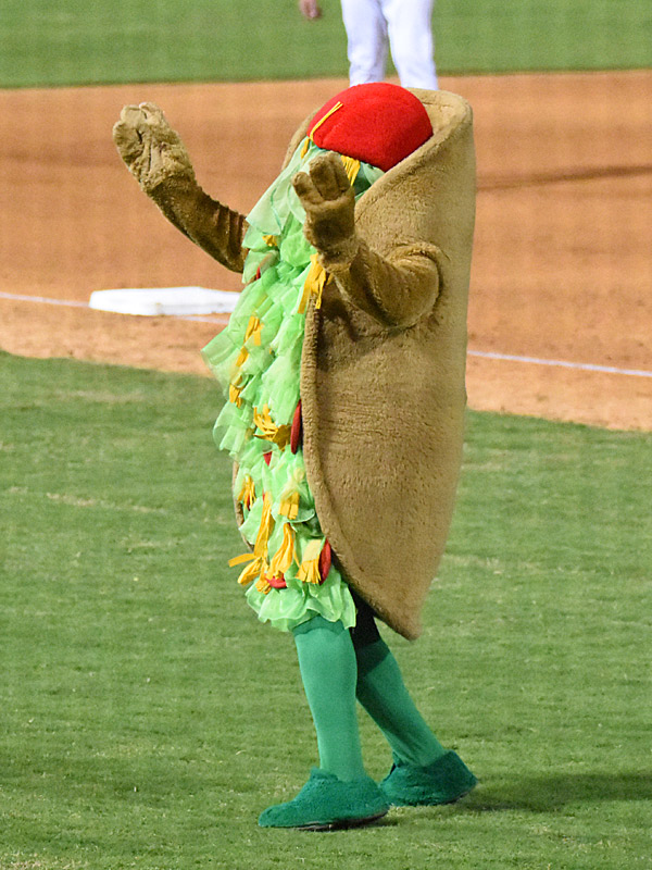 Henry the Puffy Taco in Missions' 4-0 victory over the Frisco RoughRiders on Tuesday, April 11, 2023, at Wolff Stadium. - photo by Joe Alexander