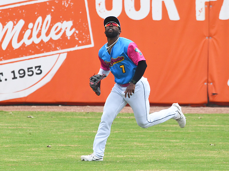 Daniel Johnson tracking down a fly ball in the outfield for the San Antonio Missions against Monclova in an exhibition on Sunday, April 2, 2023, at Wolff Stadium. Johnson was picked in the fifth round of the 2016 draft by the Washington Nationals and was signed by the San Diego Padres in this offseason as a free agent. - photo by Joe Alexander