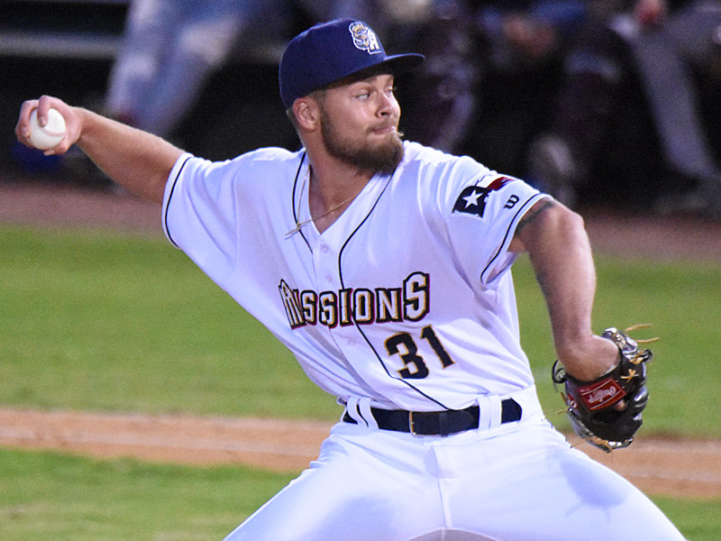 Seth Mayberry got the win in relief in the San Antonio Missions' 4-0 victory over the Frisco RoughRiders on Tuesday, April 11, 2023, at Wolff Stadium. - photo by Joe Alexander