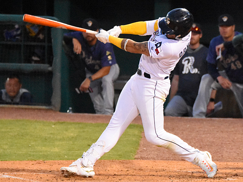 Tirso Ornelas hits a third-inning home run in the San Antonio Missions' 4-0 victory over the Frisco RoughRiders on Tuesday, April 11, 2023, at Wolff Stadium. - photo by Joe Alexander