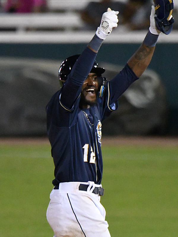Korry Howell celebrates after hitting a double. He also tripled in the game. The San Antonio Missions beat the Frisco RoughRiders 4-1 on Saturday, April 15, 2023, at Wolff Stadium. - photo by Joe Alexander