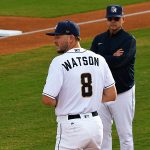Missions starter Nolan Watson warms up in front of San Antonio pitching coach Jeff Andrews. The Northwest Arkansas Naturals beat the San Antonio Missions 8-3 on Tuesday, April 25, 2023, at Wolff Stadium. - photo by Joe Alexander