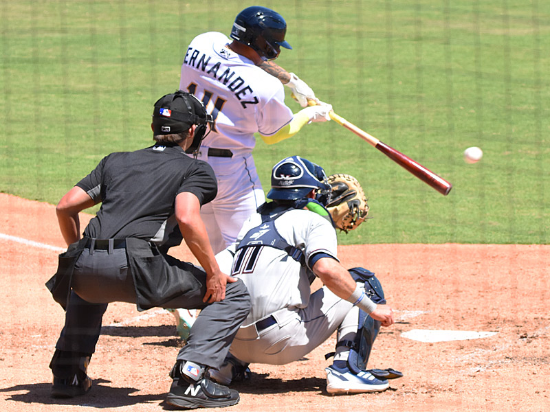 Juan Fernandez had three hits including this two-run single in the seventh inning. The Northwest Arkansas Naturals beat the San Antonio Missions 6-3 on Sunday, April 30, 2023, at Wolff Stadium. - photo by Joe Alexander