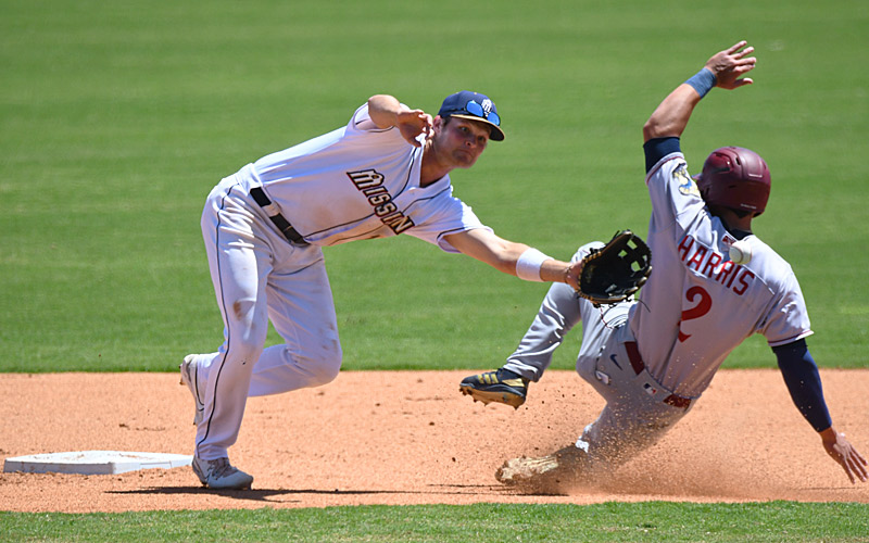 Frisco's Dustin Harris steals second base. The Frisco RoughRiders beat the San Antonio Missions 12-2 on Sunday, April 16, 2023, at Wolff Stadium. - photo by Joe Alexander