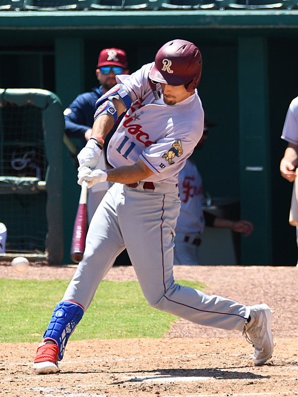 Frisco's Evan Carter had two hits including a home run on Sunday. The Frisco RoughRiders beat the San Antonio Missions 12-2 on Sunday, April 16, 2023, at Wolff Stadium. - photo by Joe Alexander
