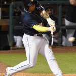 Juan Fernandez singled to put two runners on base in the bottom of the ninth inning. The San Antonio Missions beat the Amarillo Sod Poodles 4-3 on Wednesday, April 24, 2023, at Wolff Stadium. - photo by Joe Alexander