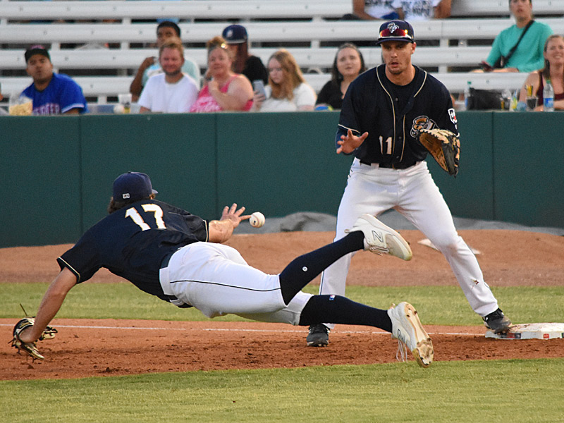 Missions pitcher Bobby Milacki tosses the ball to first baseman Cole Cummings after fielding the ball on the right side of the infield. The Midland RockHounds beat the San Antonio Missions 2-1 on Saturday, June 24, 2023, at Wolff Stadium. - photo by Joe Alexander