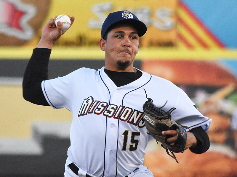 Relief pitcher Raul Brito made his Missions debut after being promoted from Fort Wayne. The Frisco RoughRiders beat the San Antonio Missions 4-2 on Wednesday, June 28, 2023, at Wolff Stadium. - photo by Joe Alexander