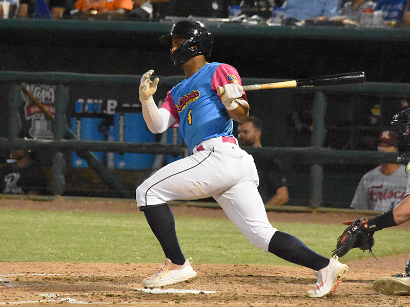Ray-Patrick Didder's two-run single in the sixth inning put the Missions in front for good. The San Antonio Missions beat the Frisco RoughRiders 3-2 on Thursday, June 29, 2023, at Wolff Stadium. - photo by Joe Alexander