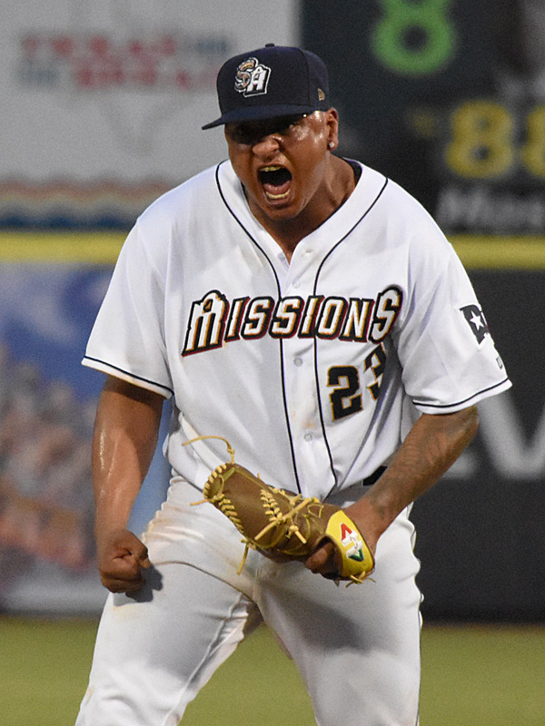 Winning pitcher Efrain Contreras walks off the mound after getting a strikeout to finish the top of the sixth inning. The San Antonio Missions beat the Wichita Wind Surge 5-4 on Friday, June 9, 2023, at Wolff Stadium. - photo by Joe Alexander