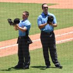 Umpires applaud as the Missions recognize members of the media between innings. The Wichita Wind Surge beat the San Antonio Missions 8-7 on Sunday, June 11, 2023, at Wolff Stadium. - photo by Joe Alexander