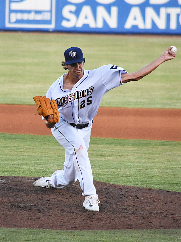 Jackson Wolf pitched six innings struck out five Frisco batters. The San Antonio Missions beat the Frisco RoughRiders 2-1 on Saturday, July 1, 2023, at Wolff Stadium. - photo by Joe Alexander